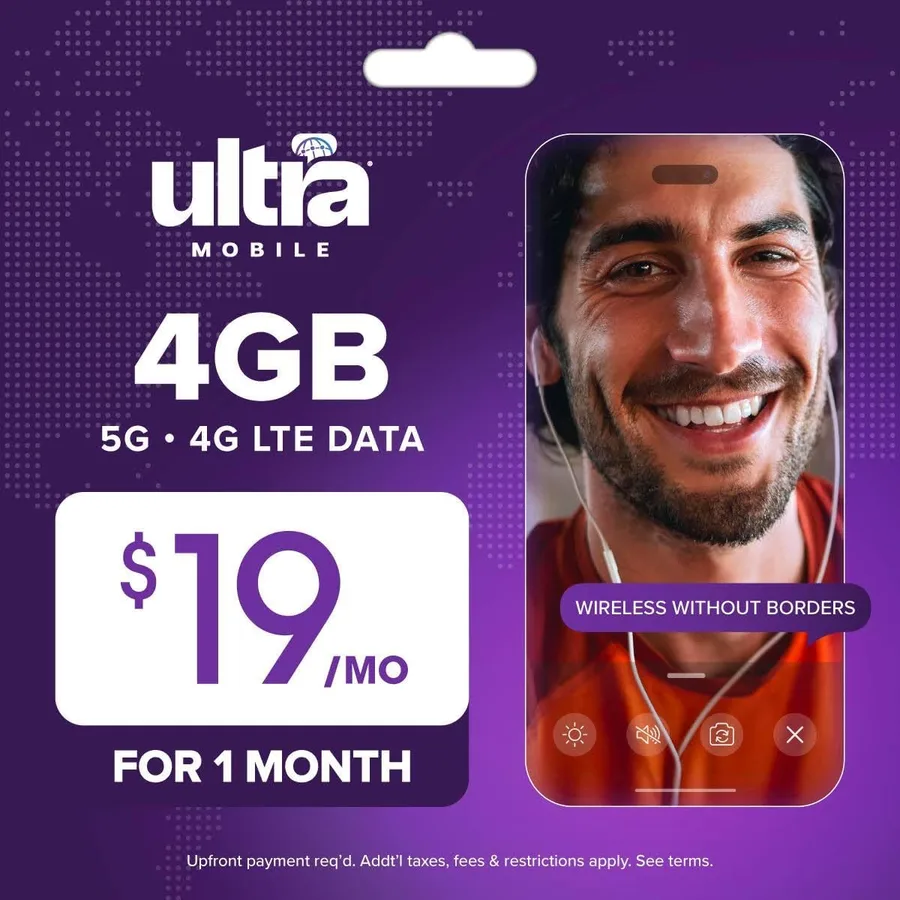 $19/mo. Ultra Mobile Prepaid Phone Plan with Unlimited Talk, Text and 4GB of 5G • 4G LTE Data (SIM Card Kit)