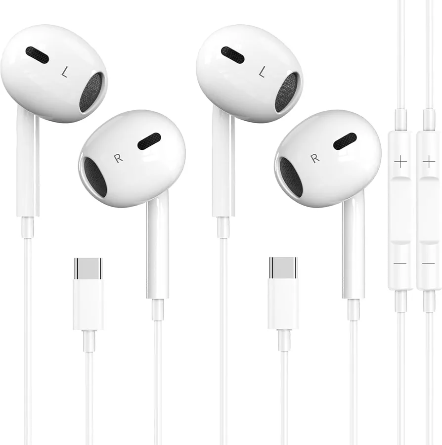 2 Packs USB C Headphones for iPhone 17/16/15 Earbuds, Type C Earphones with Mic & Remote Control Noise Cancelling for iPhone
