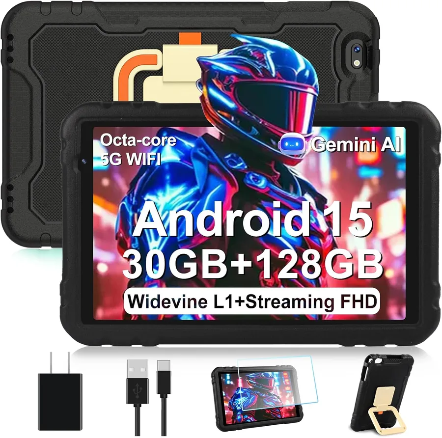 2026 Tablet 10 inch Android 15 Tablets 30GB+128GB+1TB Expand, 8000mAh Octa-Core Eletronic Tablet with Drop-proof Case, Gemini AI, HD IPS Display, GPS, 5G WIFI,Split-screen, Widevine L1 -Metal Black