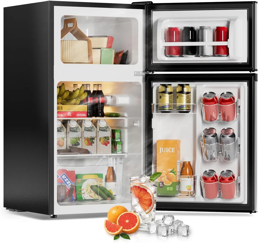 3.2 Cu Ft Mini Fridge with Freezer, Double Door Upright Freezer | Energy Efficient, Glass Shelves, Interior Light, ETL Certified, Compact Small Refrigerator for Bedroom, Office & Dorm, Silver
