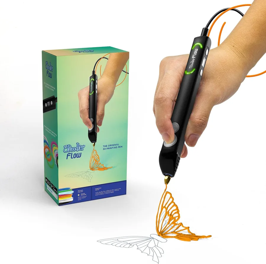 3Doodler Flow 3D Printing Pen for Teens, Adults & Creators – Black, with Free Refill Filaments, Stencil Book & Guide, 3.1 x 1