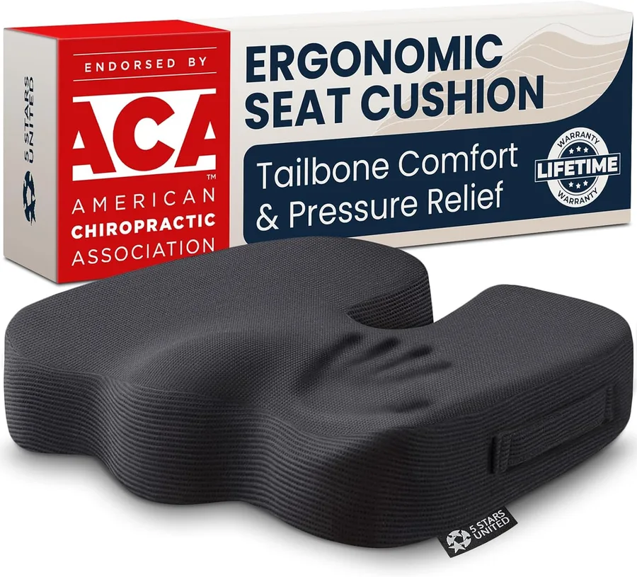 5 STARS UNITED Seat Cushion - Memory Foam Chair Cushion for Tailbone Pain Relief - Ergonomic Support for Coccyx, Sciatica & B