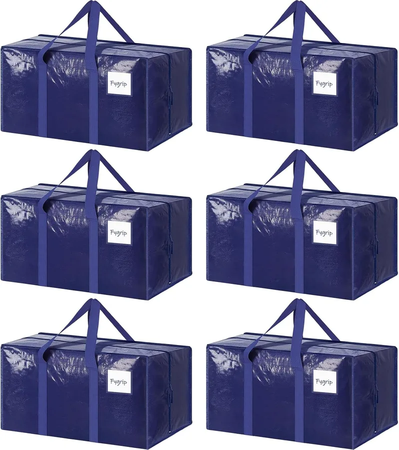6 Pack Extra Heavy Duty Large Moving Bags with Strong Zipper & Comfortable Handles, Sturdy & Durable Clothes Storage Bags Tot