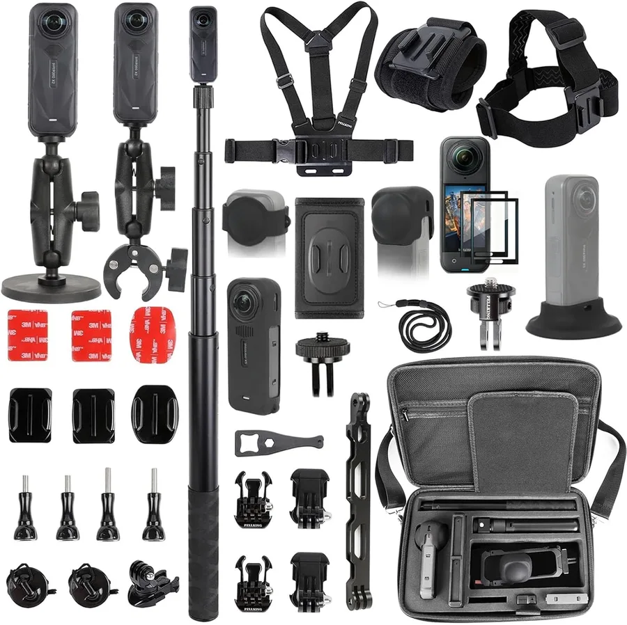 Accessories Kit for insta360 X5,Included Carrying Case with Belt,2 Pcs Metal 1/4" Adapter,Handlebar Clamp,Magnetic Mount,43in Selfie Stick,Chest Strap,Head Strap,Backpack Mount,and Others