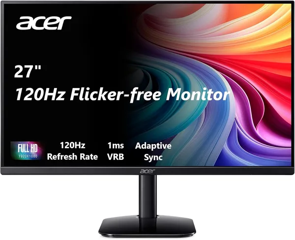 Acer 27 Inch Monitor- KB272-27 Inch FHD IPS (1920 x 1080) Display, Up to 120Hz Refresh Rate, 99% sRGB, Tilt, Adaptive-Sync Su