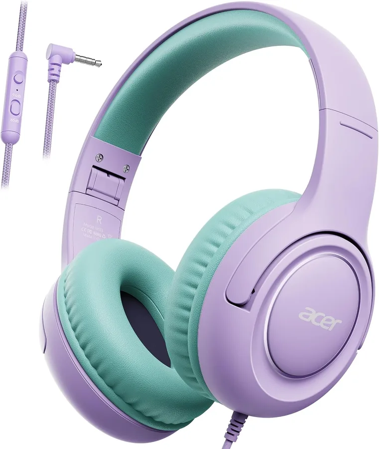 Acer Kids Headphones for School, 85-94dB Limiter, 3.5mm Jack, w/Mic HK03 | Foldable Wired Over Ear Headphones, for Toddler School/Tablet/iPad/PC/Travel, Purple-Green