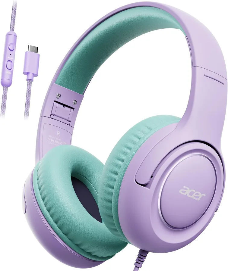 Acer USB-C Kids Headphones - 85/94dB Safe Volume Limited, Foldable Wired Over Ear Headphones for Travel, Toddler Headphones f