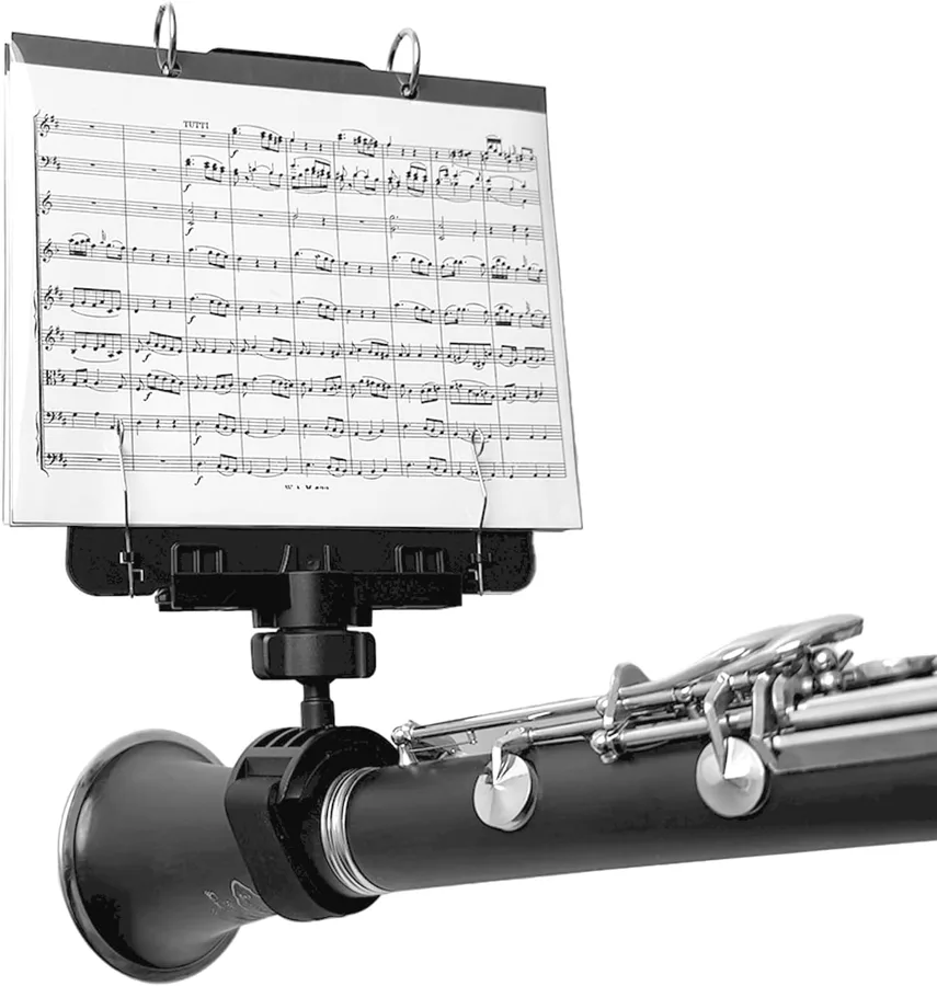 Adjustable Clarinet Lyre TC10C with Flip Folder for Marching Band | Clarinet-mounted design, adjustable viewing angle and distance, 10 clear sleeves, holds 20 music sheets