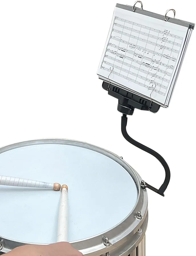 Adjustable Drum Lyre SB10 with Flip Folder for Snare and Bass Drum | For marching bands, secure drum-mounted design, adjustable viewing position, 10 clear sleeves, holds 20 music sheets