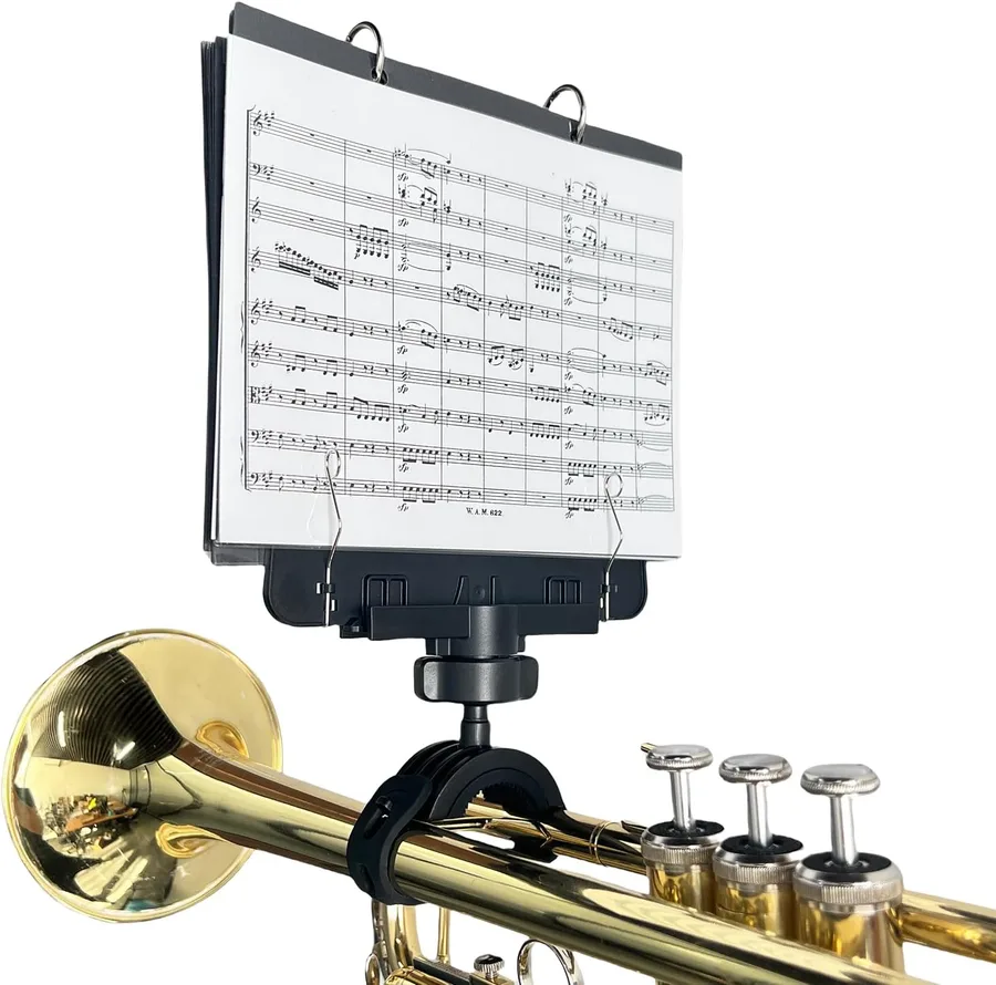 Adjustable Trumpet Lyre TC10T with Flip Folder for Marching Band | Secure trumpet mount, adjustable viewing angle and distance, 10 clear sleeves, holds 20 music sheets
