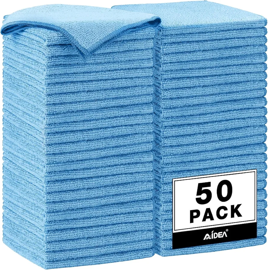 AIDEA Microfiber Cleaning Cloth Blue-50PK,Microfiber Towels for Cars 12×12" | Blue Shop Towels, Dusting Cloth Cleaning Rags, Cleaning Towels for SUVs, House, Mechanic, Workshops, Cleaning Supplies