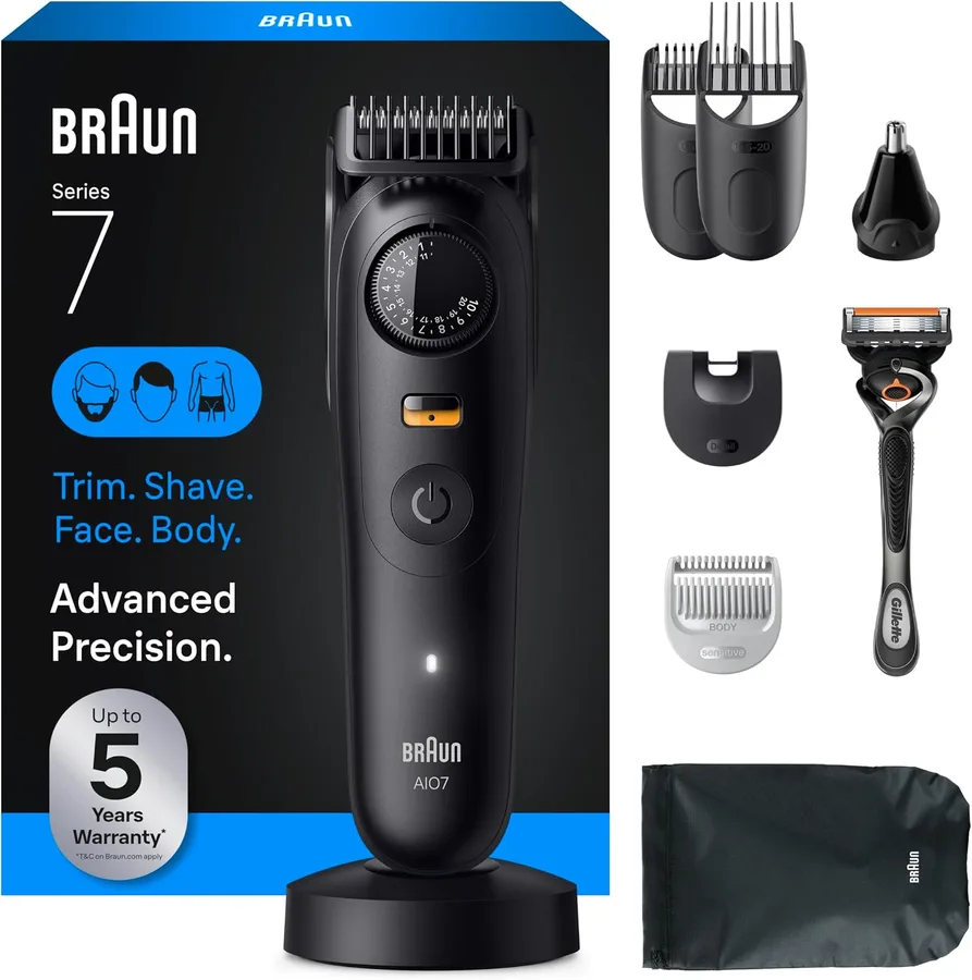 All-in-One Series 7 Men's Electric Beard Trimmer, Hair Clipper, Shaver & Razor for Face, Hair & Body, All-in-One AIO 7535 with Gillette ProGlide Razor, Cordless