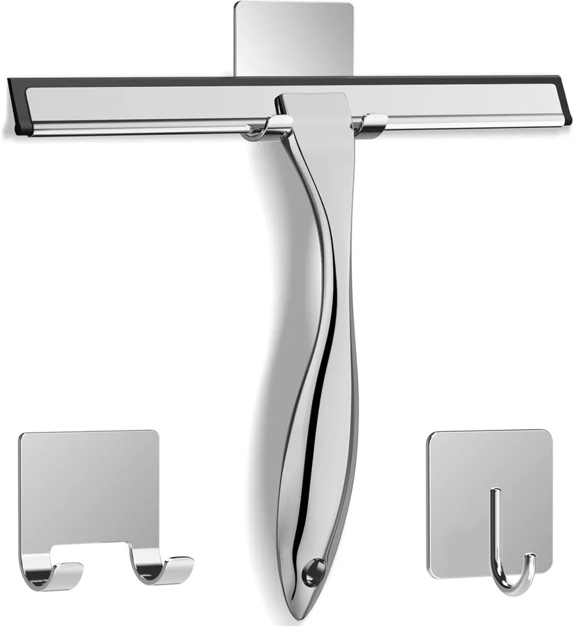 All-Purpose Stainless Steel Shower Squeegee for Shower Glass Door with 2 Adhesive Hooks, Bathroom Cleaner Tool Household Wind