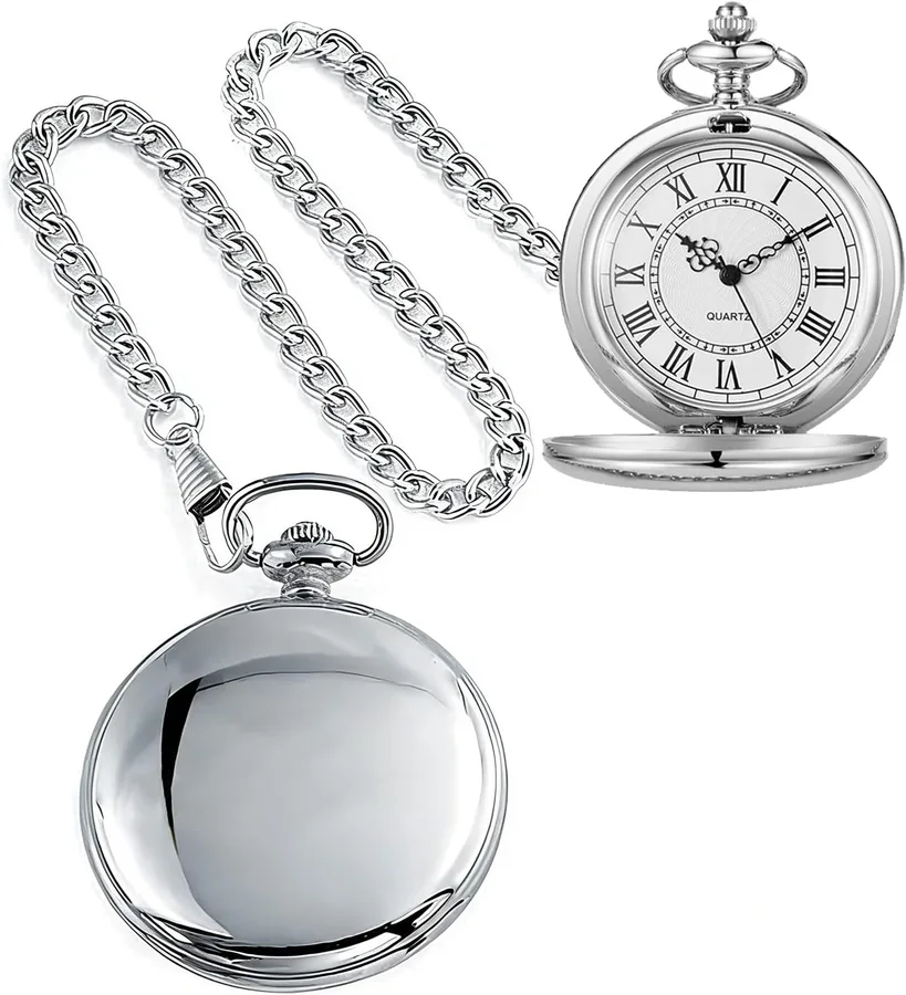 Alwesam Smooth Pocket Watch Alloy Steel Quartz Roman/Arabic Numerals with 37cm Chain for Father's Day Xmas Best Gifts