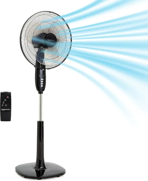 Amazon Basics 16" Pedestal Fan with Remote for Bedroom, Living Room, Office, Adjustable Height, Dual-Layered Blades, 3 Speeds
