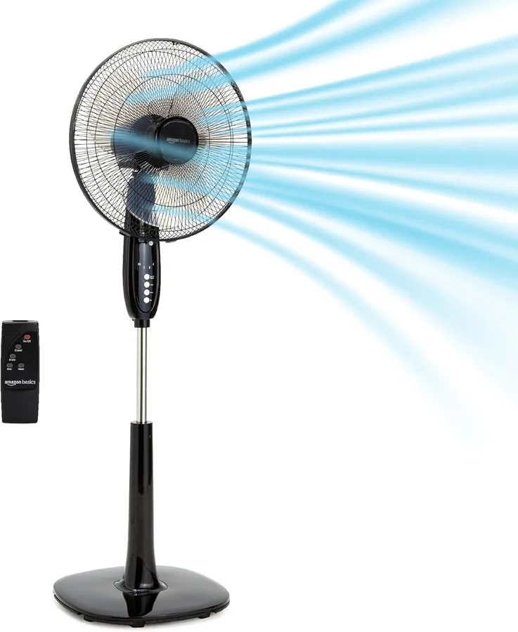 Amazon Basics 16" Pedestal Fan with Remote for Bedroom, Living Room, Office, Adjustable Height, Dual-Layered Blades, 3 Speeds