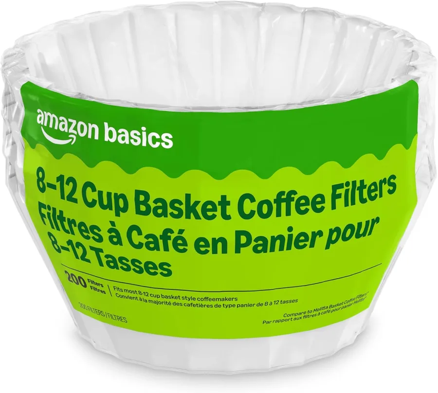 Amazon Basics Basket Coffee Filters for 8-12 Cup Coffee Makers, White, 200 Count, Packaging May Vary