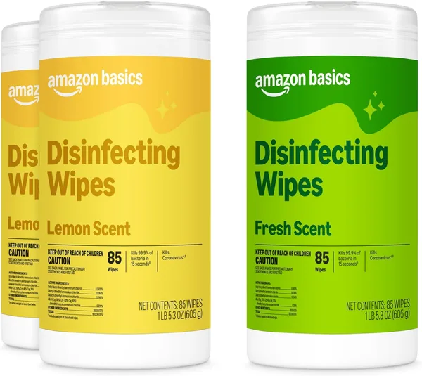 Amazon Basics Disinfecting Wipes, Lemon & Fresh Scent, Sanitizes, Cleans, Disinfects & Deodorizes, 255 Count (3 Packs of 85),