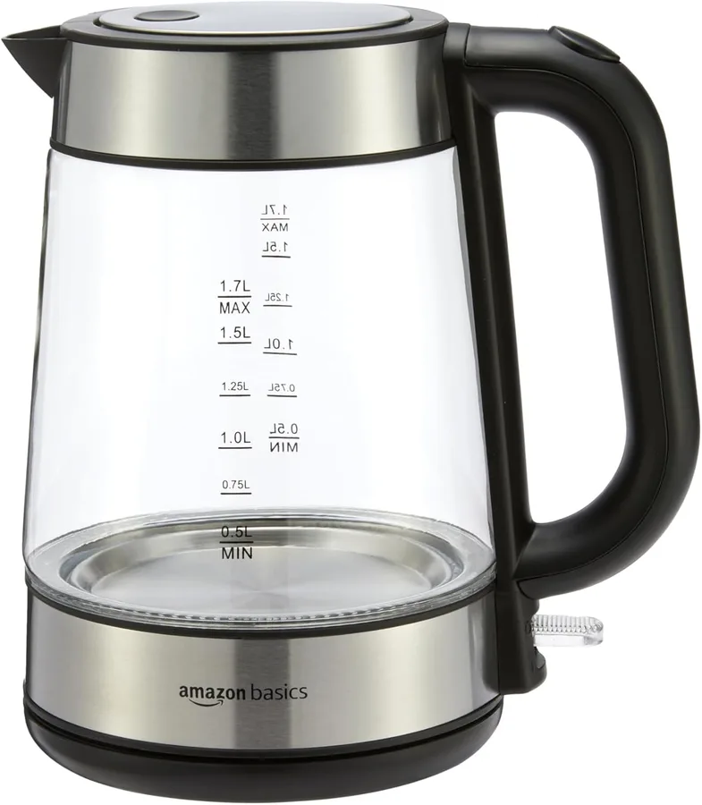Amazon Basics Electric Kettle with Glass Carafe for Tea and Coffee, BPA-Free, Fast Boiling, Auto Shut-Off, Boil-Dry Protectio
