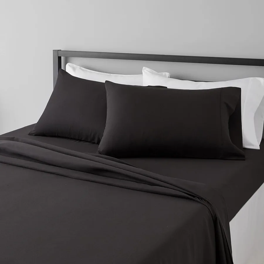 Amazon Basics Lightweight Super Soft, Breathable, Wrinkle Resistant, Machine Washable Microfiber 4 Piece Bed Sheet Set with 14-Inch Deep Pockets, King, Black, Solid