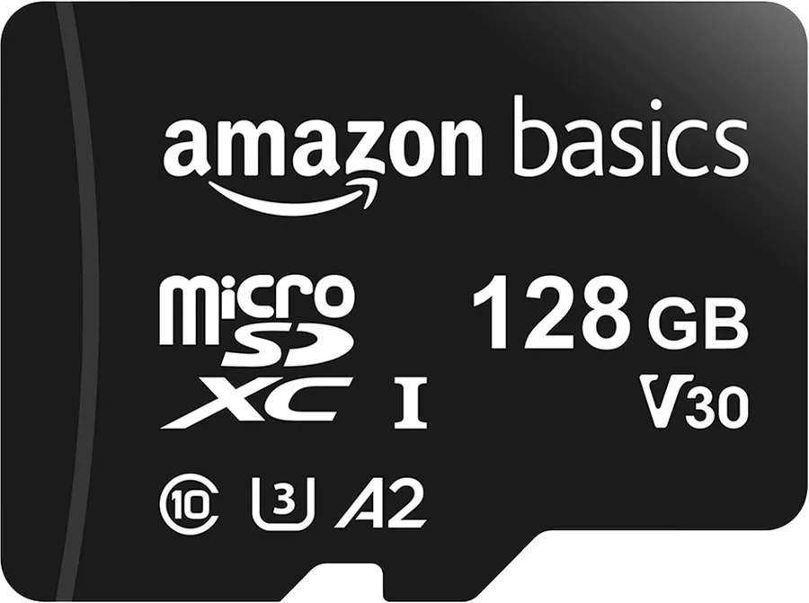 Amazon Basics microSDXC Memory Card with Full Size Adapter, A2, U3, Read Speed up to 100 MB/s, 128GB, Black