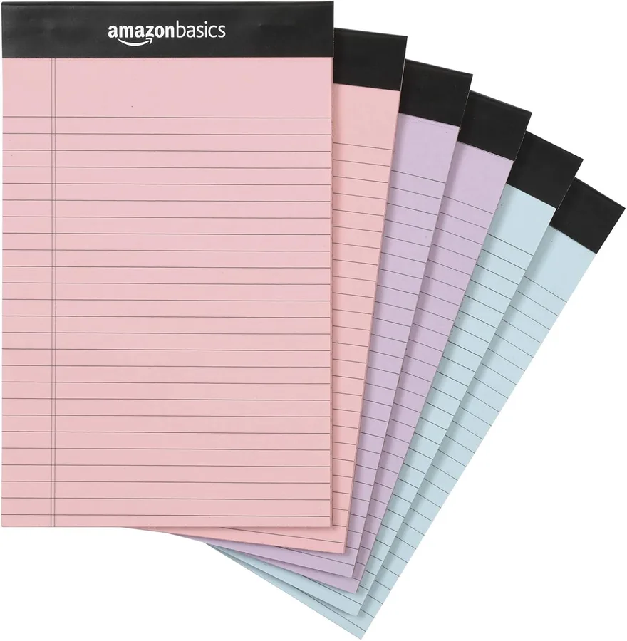 Amazon Basics Narrow Ruled Writing Pads, Perforated, 5" x 8", Multicolor, 6-Pack of 50 Sheets