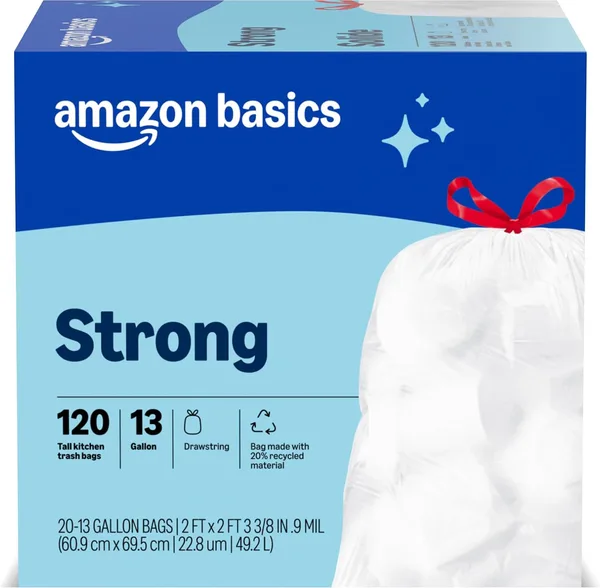 Amazon Basics Trash Bags, Tall Kitchen Drawstring, Unscented, 13 Gallon, 120 Count, Pack of 1, Packaging May Vary