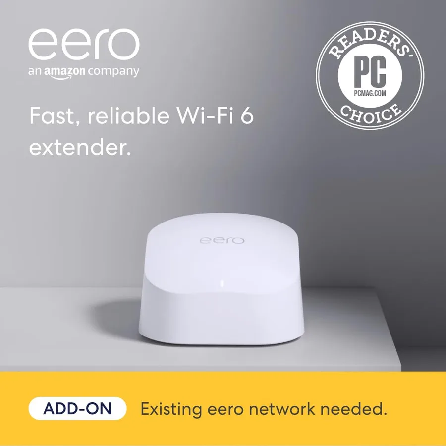 Amazon eero 6 mesh wifi add-on extender - Add up to 1,500 sq. ft. of Wi-Fi 6 coverage. Required eero mesh wifi system not inc
