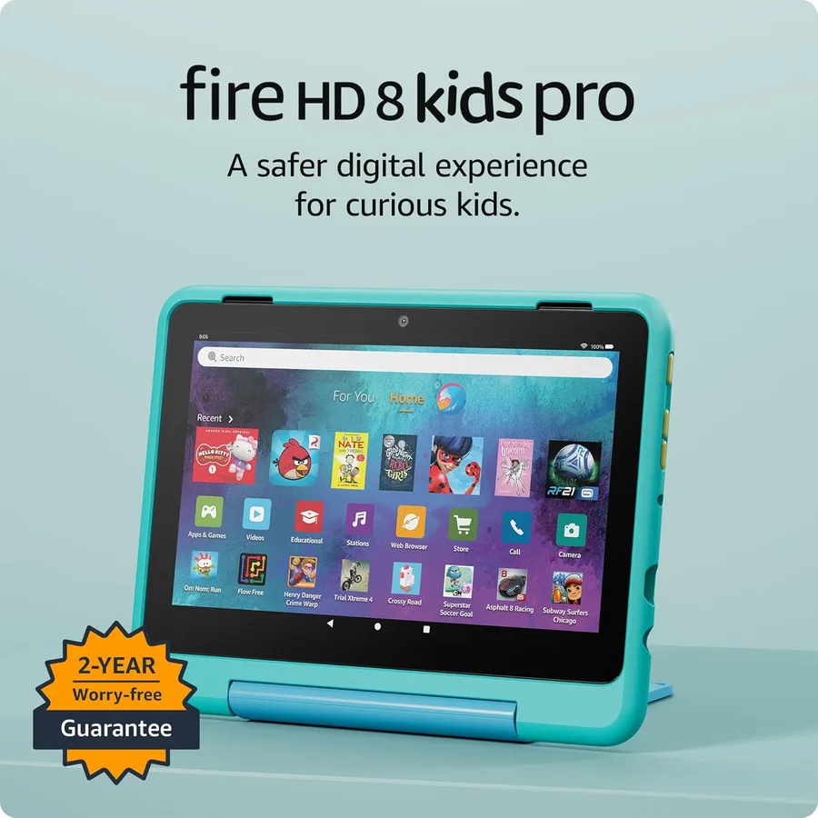 Amazon Fire HD 8 Kids Pro tablet, ages 6-12. Bright 8" HD screen, includes ad-free content, parental controls, 13-hr battery, slim case for older kids, 64GB, Hello Teal, (2024 release)