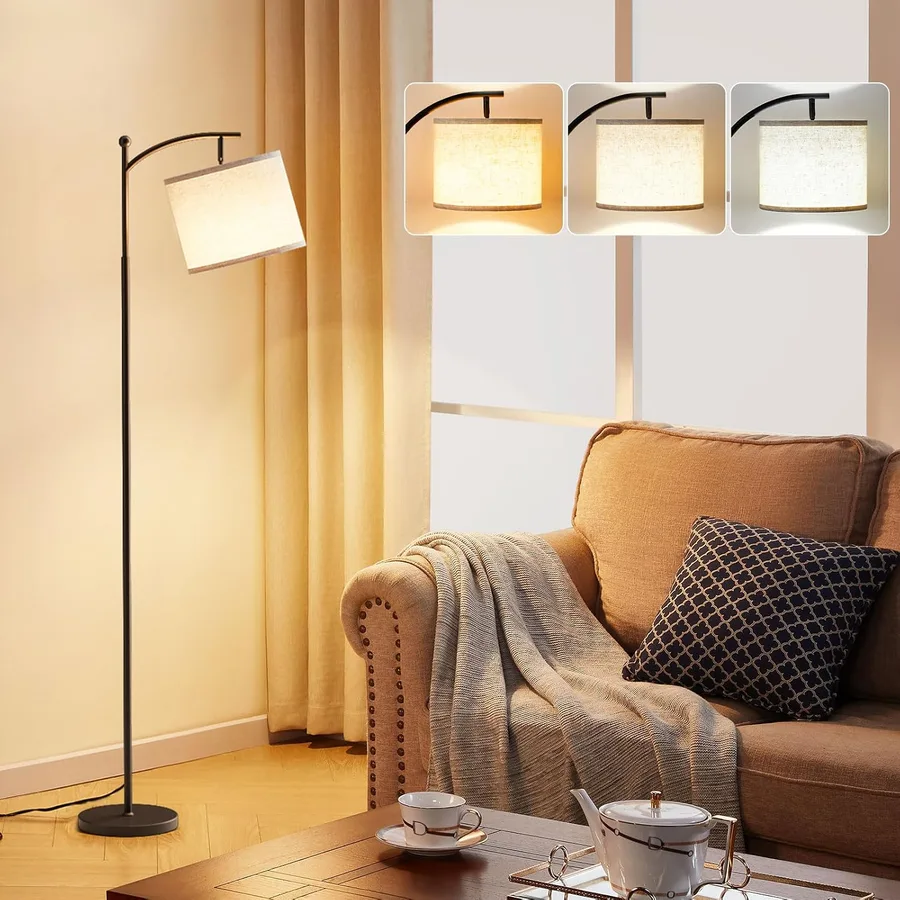 Ambimall Tall Floor Lamps with 3 Color Temperatures Bulb & Adjustable Linen Shade, for Living Room, Bedroom, Office, Classroo