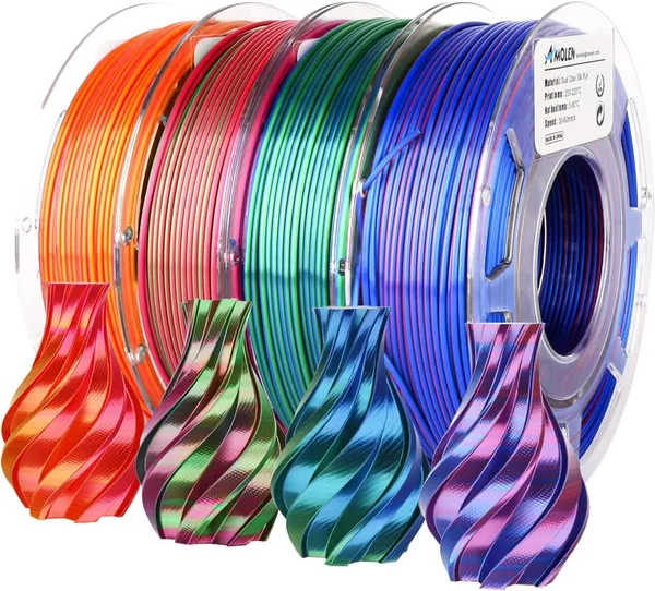 AMOLEN Silk PLA 3D Printer Filament Bundle, Shiny Dual Color Filament 1.75mm Pack, Multi Color Change 3D Printing Filament fo