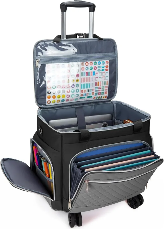 Amythe Rolling Teacher Tote Bag with Wheels, Rolling Briefcase for Women, 15.6 Inch Laptop Bag, 5-Wheel Rolling System with D