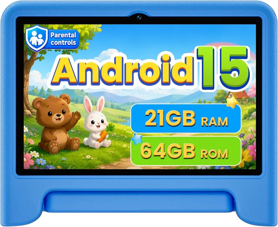 Android 15 Kids Tablet 10.1 Inch, Octa-Core Processor, Case Included,Blue | Built-in parental controls; Google Kid Space installed; 2.4G/5G dual-band WiFi; 21GB RAM 64GB ROM; For Ages 2-12 Toddler