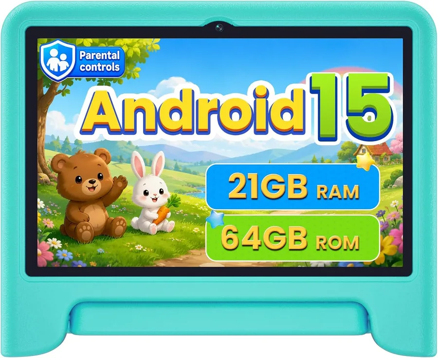 Android 15 Kids Tablet 10.1 Inch, Octa-Core Processor, Case Included,Green | Built-in parental controls; Google Kid Space installed; 2.4G/5G dual-band WiFi; 21GB RAM 64GB ROM; For Ages 2-12 Toddler