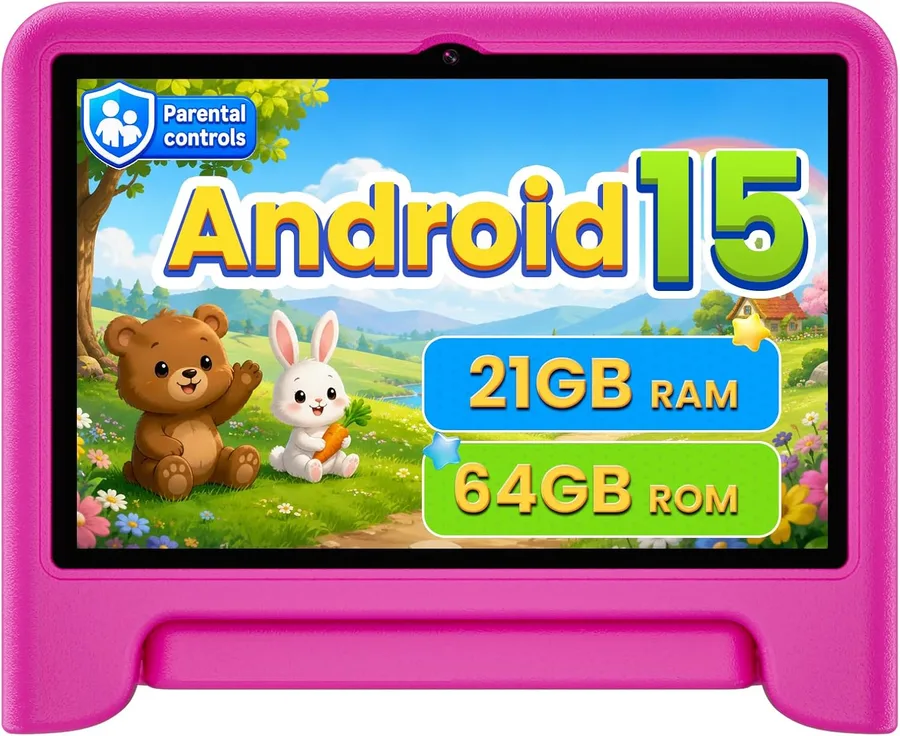 Android 15 Kids Tablet 10.1 Inch, Octa-Core Processor, Case Included,Pink | Built-in parental controls; Google Kid Space installed; 2.4G/5G dual-band WiFi; 21GB RAM 64GB ROM; For Ages 2-12 Toddler