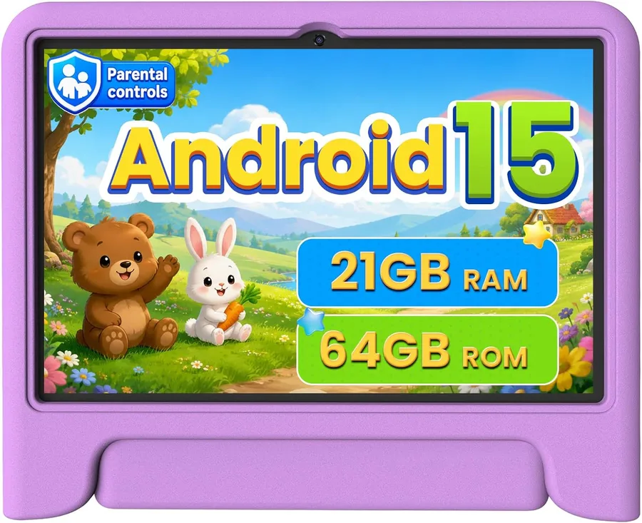 Android 15 Kids Tablet 10.1 Inch,Octa-Core Processor, Case Included,Purple | Built-in parental controls; Google Kid Space installed; 2.4G/5G dual-band WiFi; 21GB RAM 64GB ROM; For Ages 2-12 Toddler
