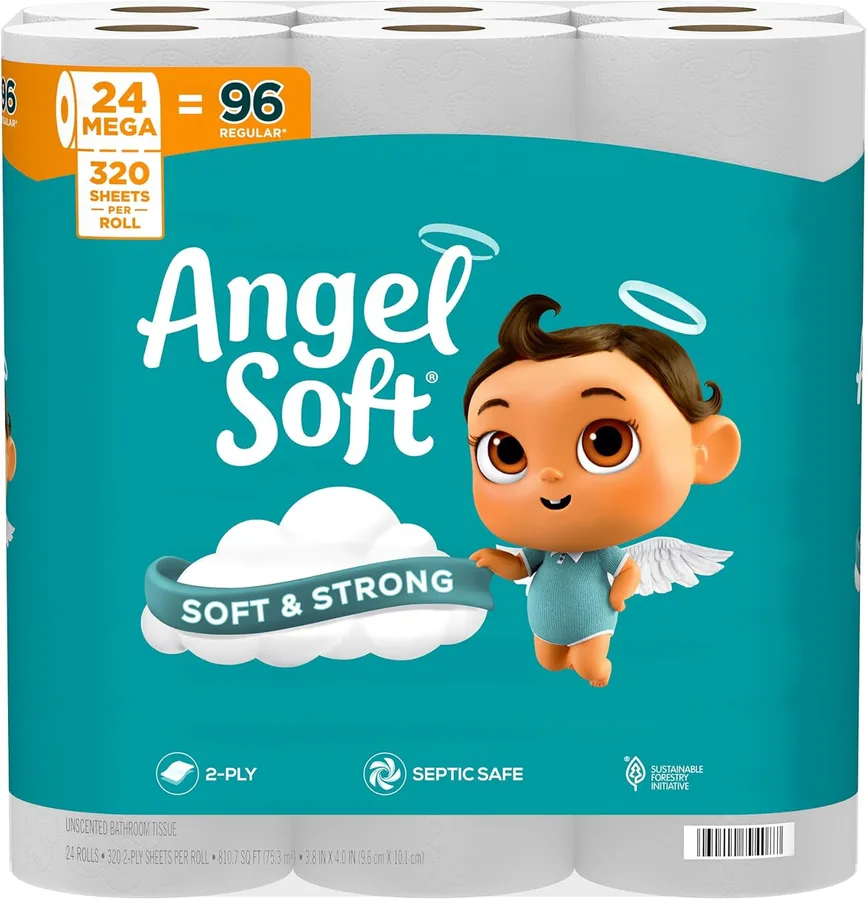 Angel Soft Toilet Paper, 24 Mega Rolls = 96 Regular Rolls, Soft and Strong Toilet Tissue