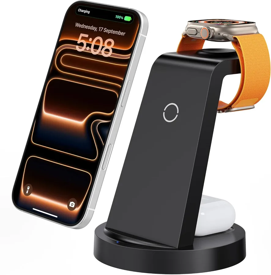 Anlmz 3 in 1 Charging Station for iPhone, Wireless Charger for iPhone 17 16e 16 15 14 13 12 11 X Pro Max & Apple Watch - Wire