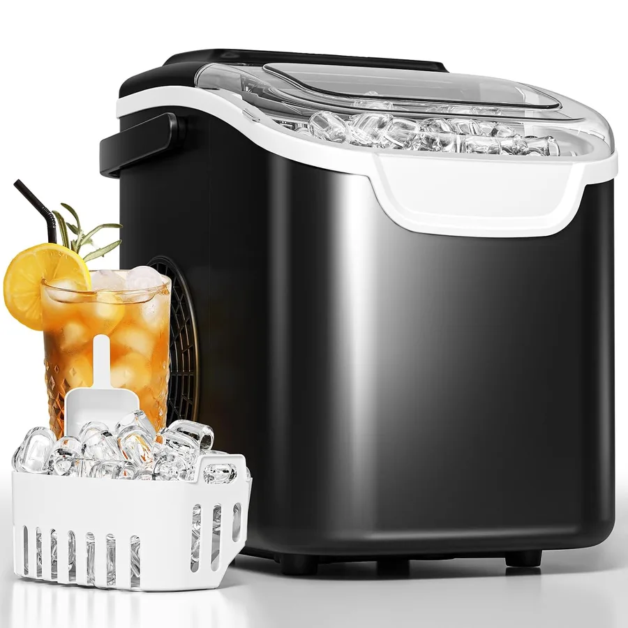 Antarctic Star Countertop Ice Maker Machine with Handle, 8 Cubes Ready in 6 Mins, 26.5lbs/24Hrs, Self-Cleaning Portable Ice Maker/Basket and Scoop for Home/Kitchen/Camping/RV (Black/Grey)