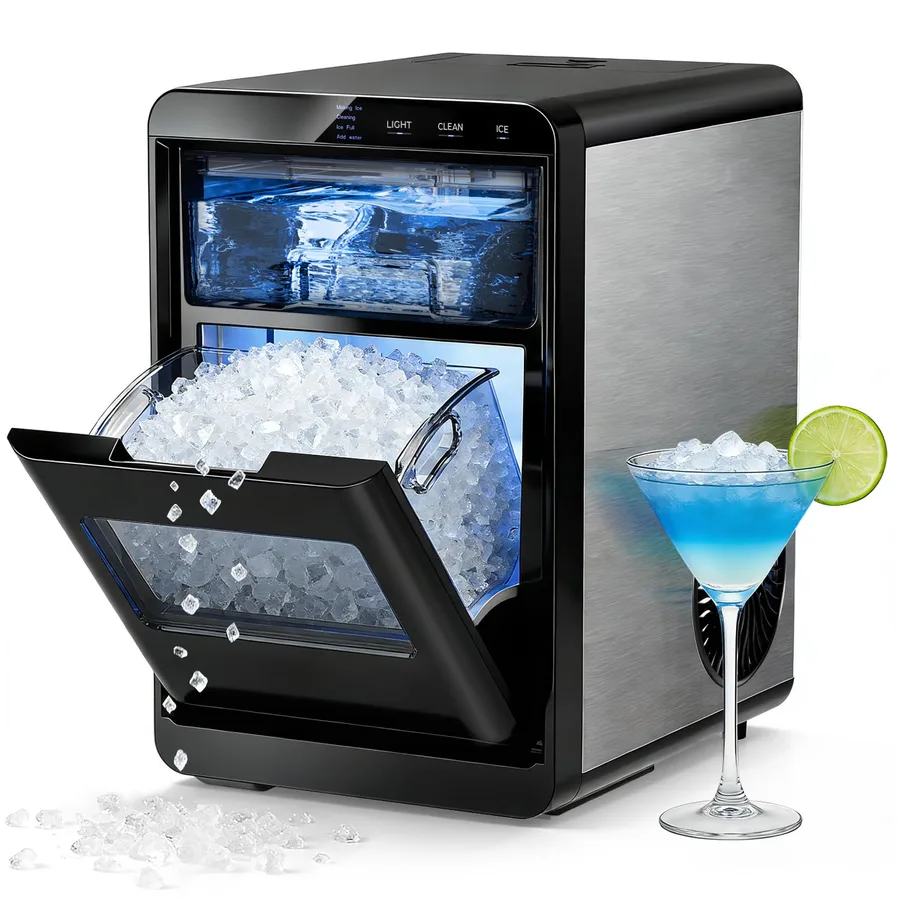 Antarctic Star Nugget Ice Maker Countertop 44Lb/Day LED Display Machine | 10-15min fast ice, 2 sizes, energy-save, portable, self-clean, 1.8L tank, 2.65Lbs storage, basket/scoop. Home/Bar/RV/Office.
