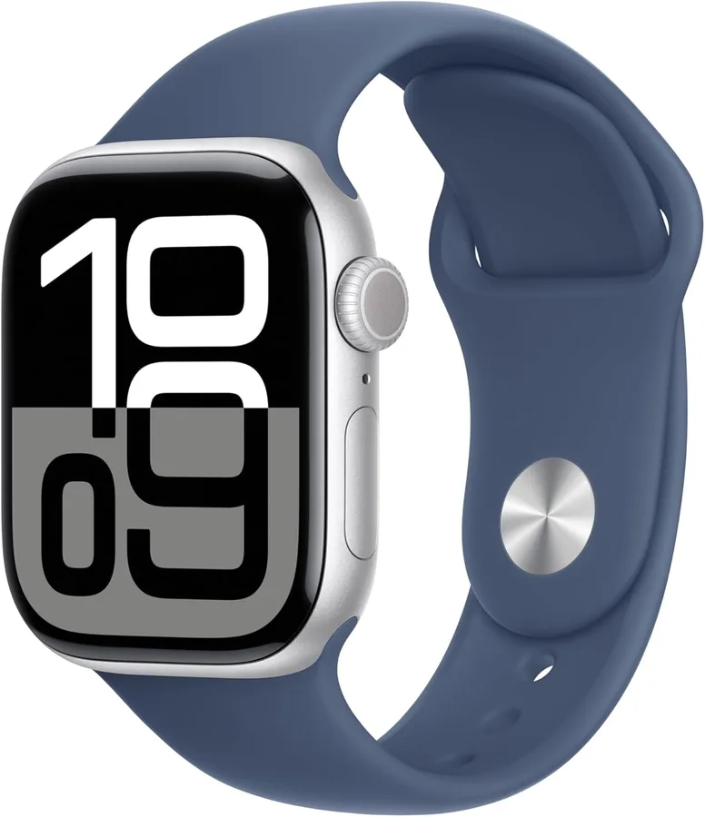 Apple Watch Series 10 [GPS 42mm case] Smartwatch with Silver Aluminum Case with Denim Sport Band - S/M. Fitness Tracker, ECG