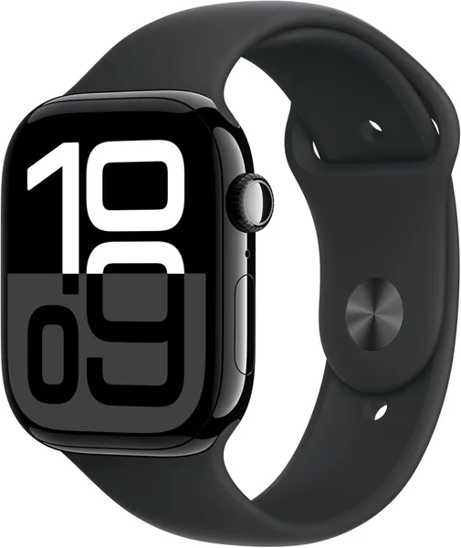 Apple Watch Series 10 [GPS 46mm case] Smartwatch with Jet Black Aluminum Case with Black Sport Band - M/L. Fitness Tracker, E