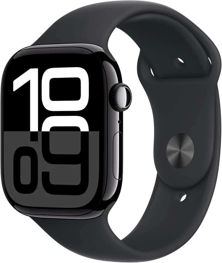 Apple Watch Series 10 [GPS 46mm case] Smartwatch with Jet Black Aluminum Case with Black Sport Band - M/L. Fitness Tracker, E