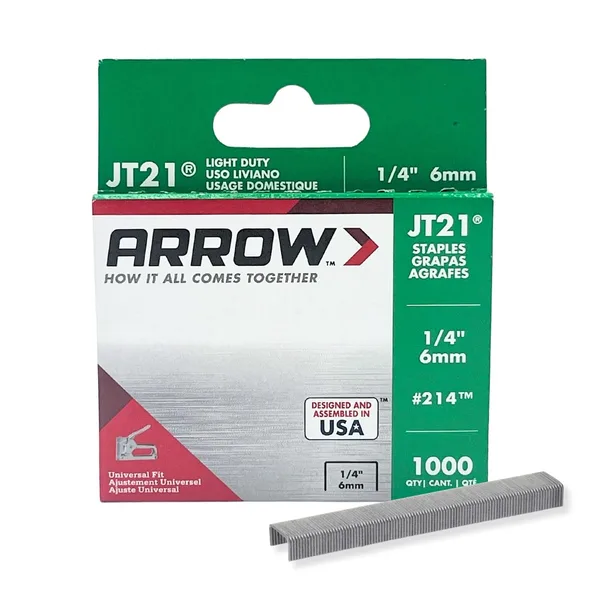 Arrow 214 JT21 Thin Wire Staples for Staple Guns and Staplers, Use for Upholstery, Crafts, General Repairs, 1/4-Inch Leg Leng