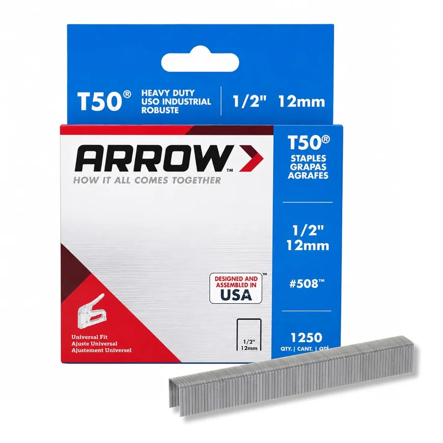 Arrow 508 Heavy Duty T50 1/2-Inch Leg Length, 3/8-Inch Crown, Staples for Upholstery, Construction, Furniture, Crafts, 1250 C