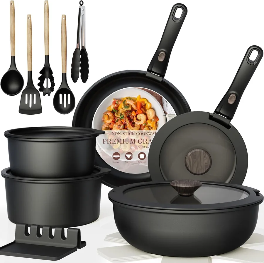 Astercook 21 Pcs Pots and Pans Set Non Stick, Ceramic Cookware Set Detachable Handle, RV Kitchen Cooking Set Removable Handle