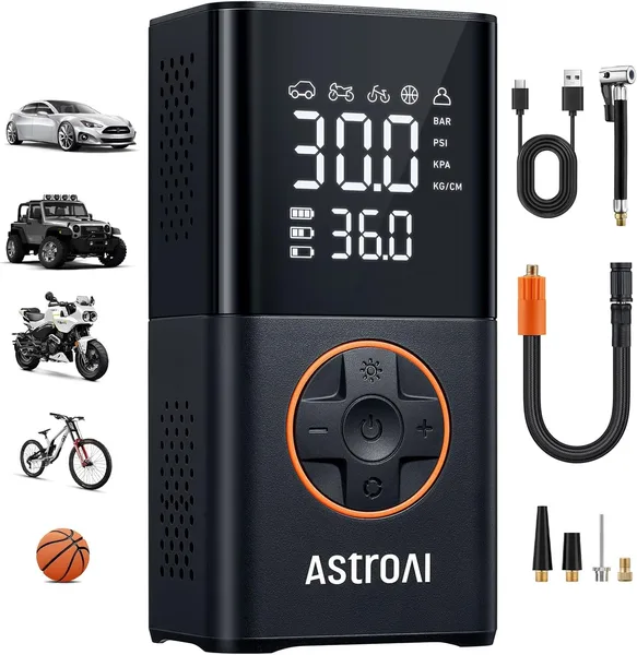 AstroAI L7 Tire Inflator Portable Air Compressor,150 PSI Cordless Mini Air Bike Auto Shut-Off Pump with Digital Display Press