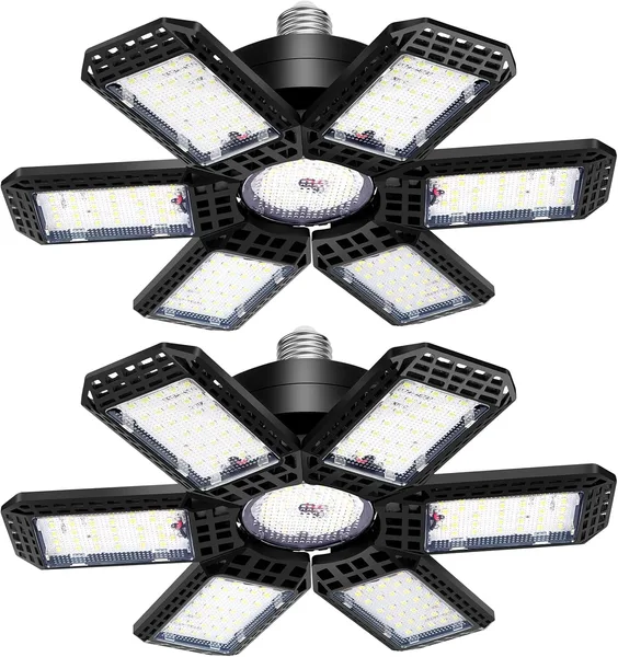 AUDLES 2 Pack Garage Lights, 200W 20000LM 6500K LED Shop Lights, Garage Light Ceiling Led with 6+1 Deformable Panels, Screw i