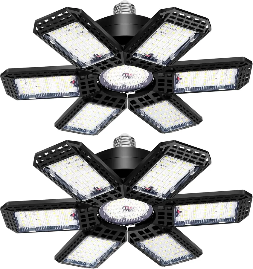 AUDLES 2 Pack Garage Lights, 200W 20000LM 6500K LED Shop Lights, Garage Light Ceiling Led with 6+1 Deformable Panels, Screw i
