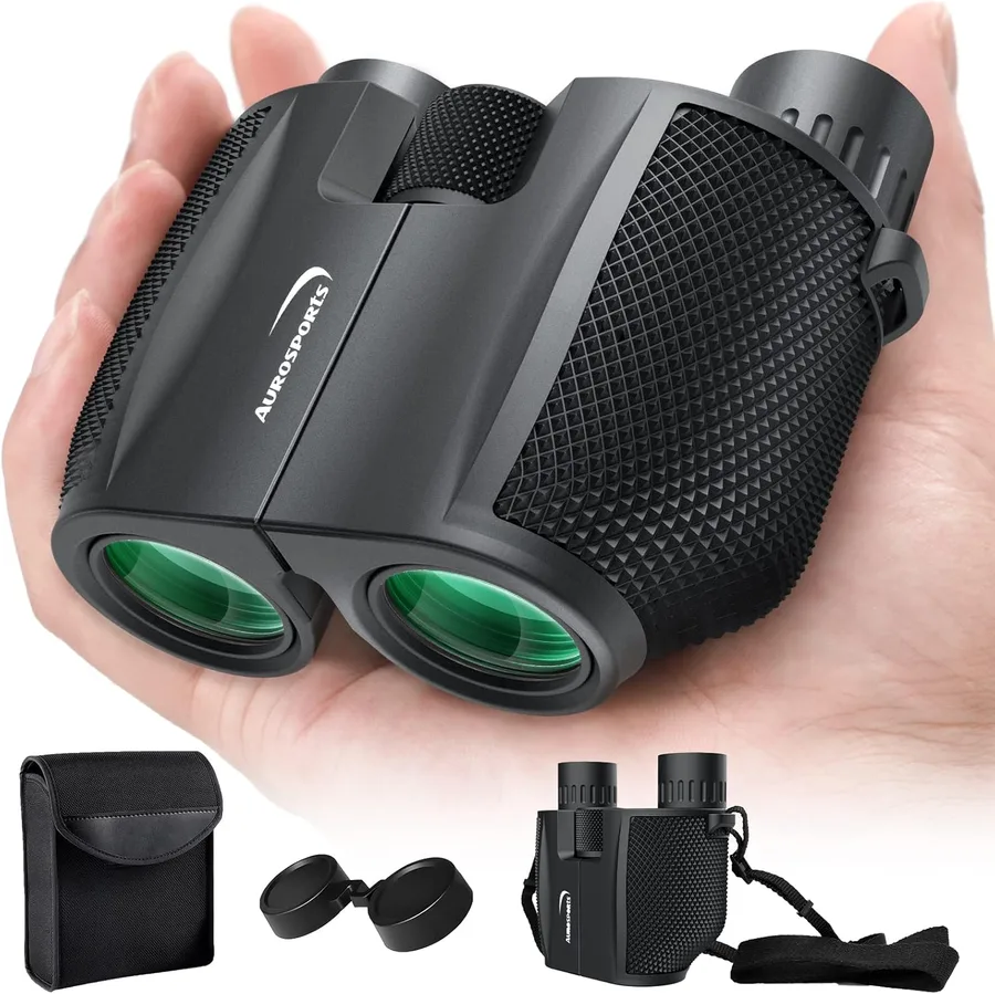 Aurosports 10x25 Compact Binoculars for Bird Watching, Cruise Ship, Travel | Small & Lightweight for Adults Kids; BAK4 & FMC for Crystal Clarity; Easy Focus with Case & Strap; Gift for Hunting, Sports